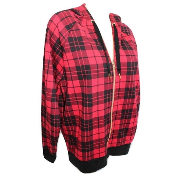 VS SPORT Full Zip Hoodie Soft Fleece Color Red Plaid, Size Medium - Picture 9 of 10